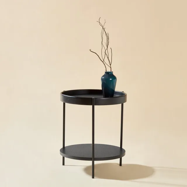 Wishdor Ronde Salontafelset Met 2 Niveaus - Modern - Voor Woonkamer - Massief Hout En MDF Met Zwart Metalen Frame - Zwart