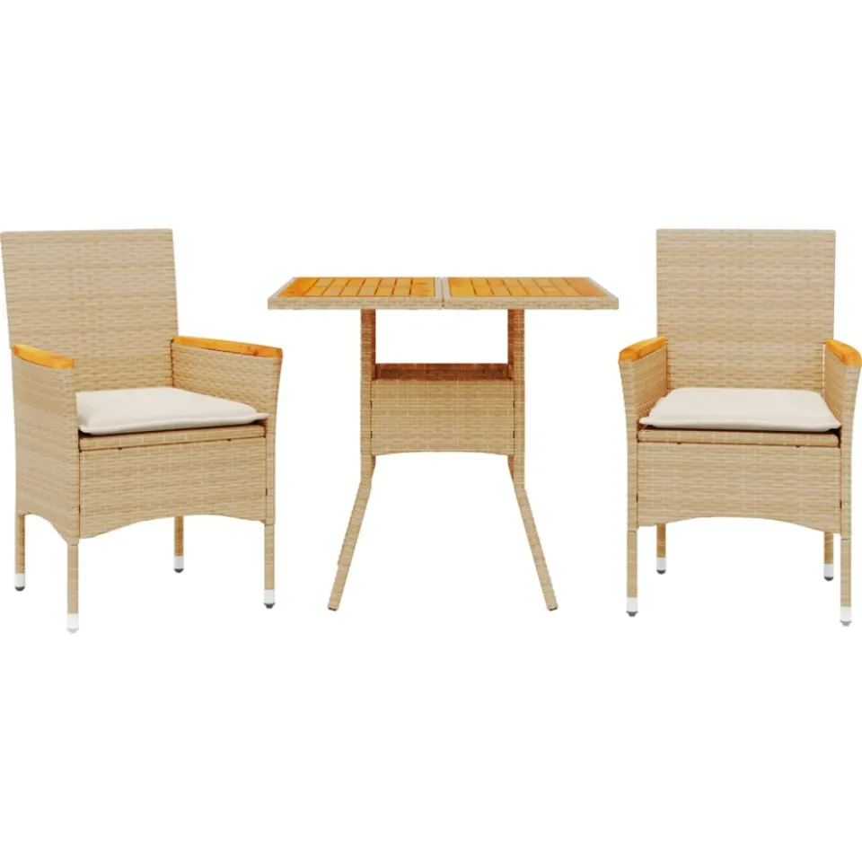 vidaXL 3-delige Tuinset met kussens poly rattan en acaciahout beige, foto 3