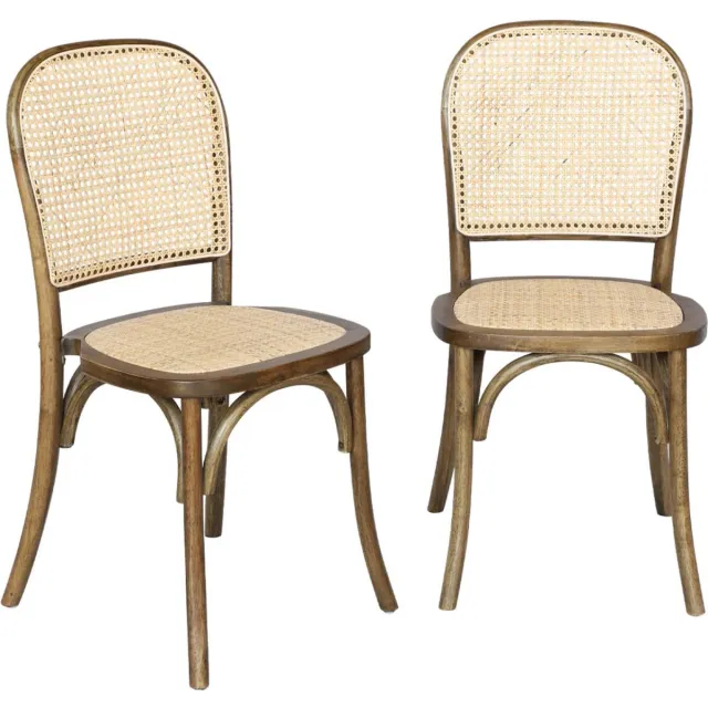 sweeek Set van 2 vintage houten stoelen met zitting en rugleuning van rotan - montparnasse Verouderd bruin