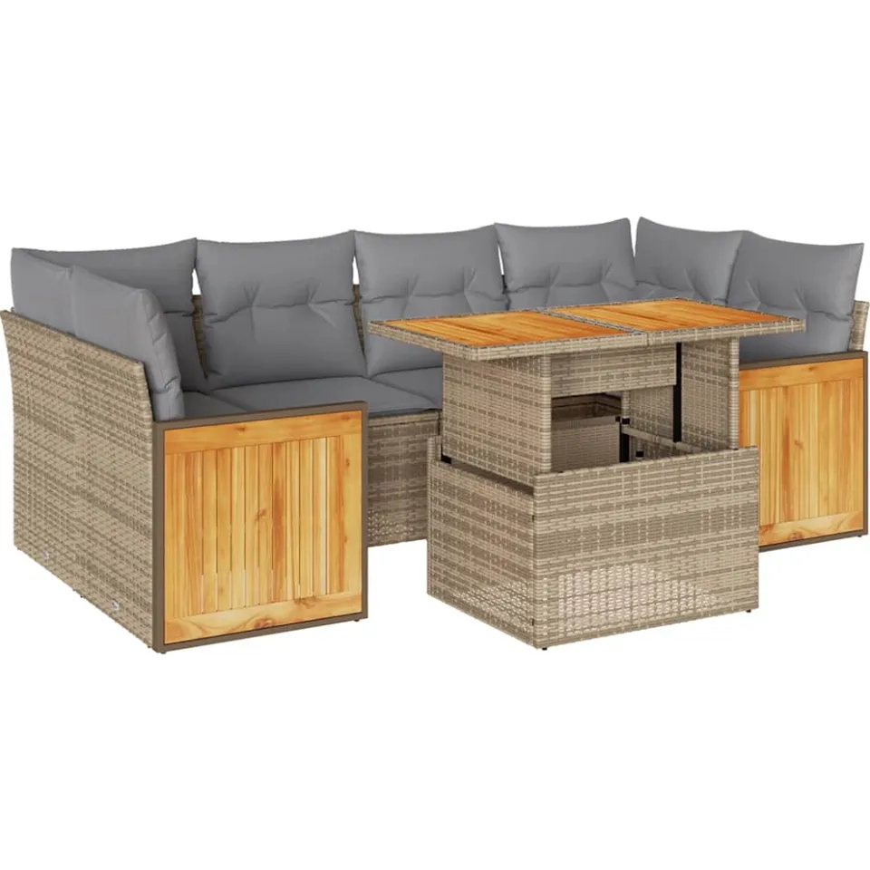 vidaXL 7-delige Loungeset met kussens poly rattan acacia beige, foto 3