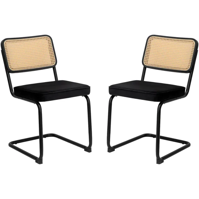 Welltin Eetkamerstoelen Set Van 2 - Eetkamerstoel - Eetkamerstoelen - Moderne middeleeuwse stij - Rieten rugleuning - Gewatteerde zitting - Metalen stoelpoten - Fluweell - Geschikt voor de woonkamer en de keuken - Zwart