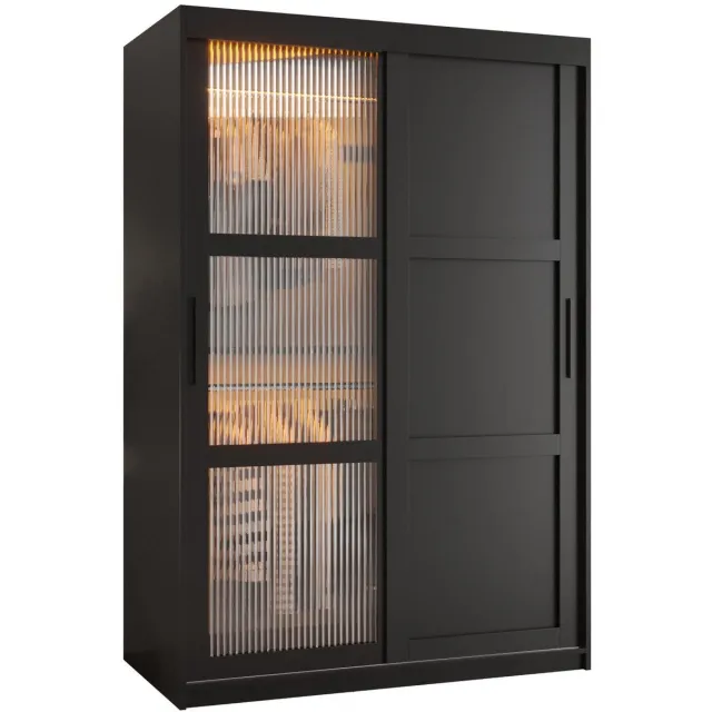 AJE Meubles B.V. Zweefdeurkast Kledingkast met 2 schuifdeuren glanzen slaapkamerkast Kledingstang met planken Garderobekast met geribbeld glas - ARTON 3 (120 cm, Zwart)