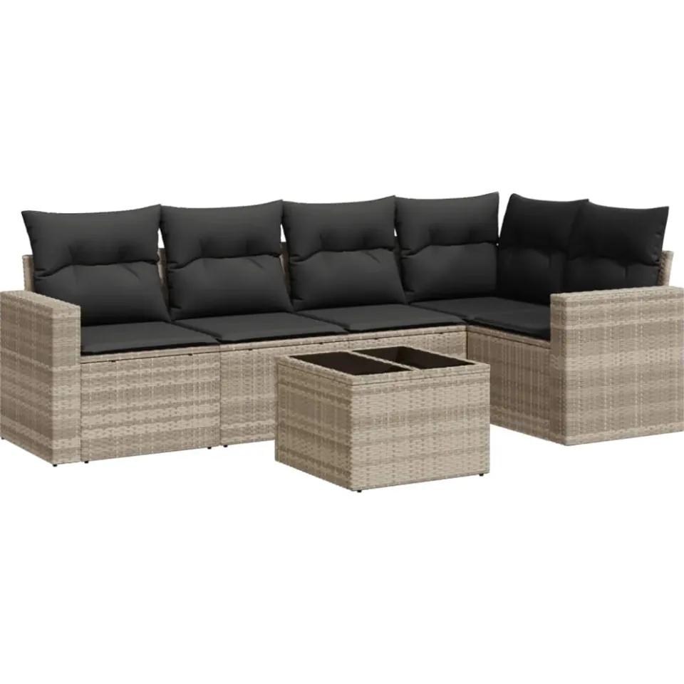 vidaXL 6-delige Loungeset met kussens poly rattan lichtgrijs