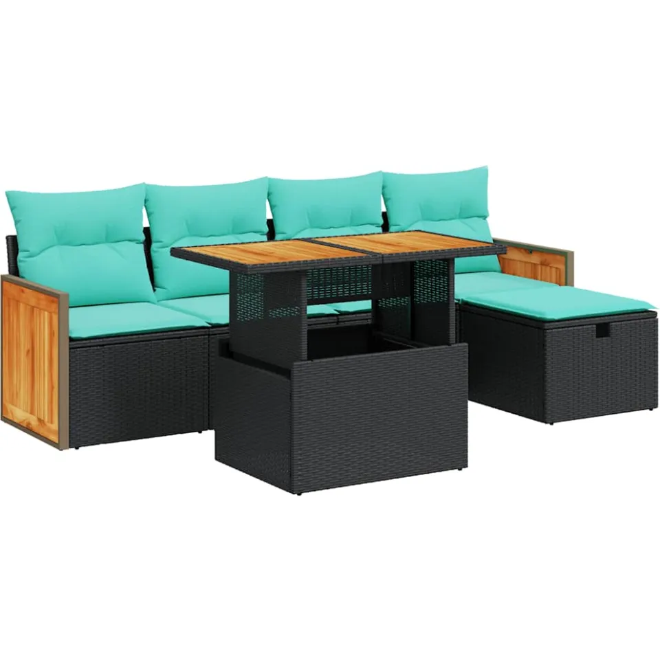 vidaXL 6-delige Loungeset met kussens poly rattan acacia zwart, foto 3