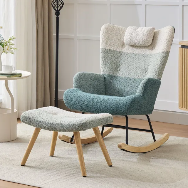 MODFU Schommelstoel Met Voetenbank - Hoge Rugleuning En Zijvak - Gestreept - Woonkamer - Bouclé - Veelkleurig - 95 X 83 X 65,5 Cm