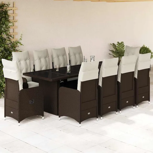 vidaXL 11-delige Bistroset met kussens poly rattan bruin