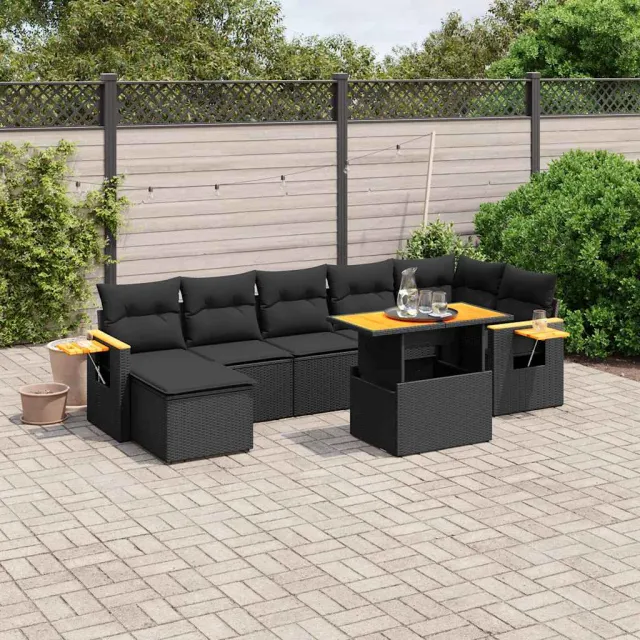 vidaXL 8-delige Loungeset met kussens poly rattan zwart, foto 2