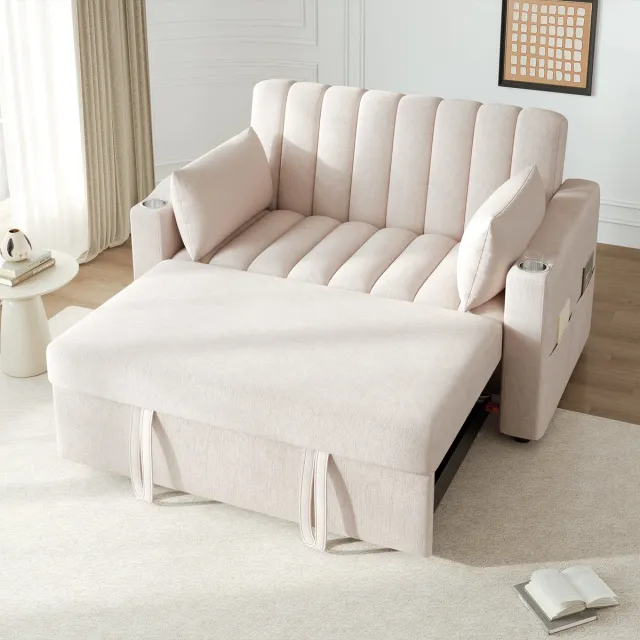 MODFU Slaapbank - Verstelbare Rugleuning En Opbergtassen - Voor Woonkamer Of Slaapkamer - Katoen-Linnen - Beige - 136 X 162 X 84 Cm