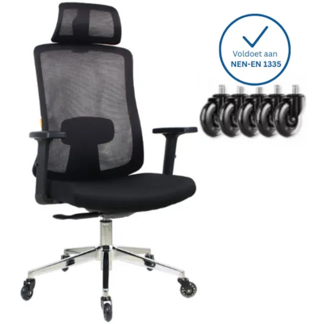 Plaine Ergonomische Bureaustoel met Hoofdsteun - Bureaustoelen voor Volwassenen - Office Chair - Game Gaming Stoel - Kantoorstoel - Volledig Verstelbaar - Incl. Anti kras wielen geschikt voor harde & zachte vloeren zwart