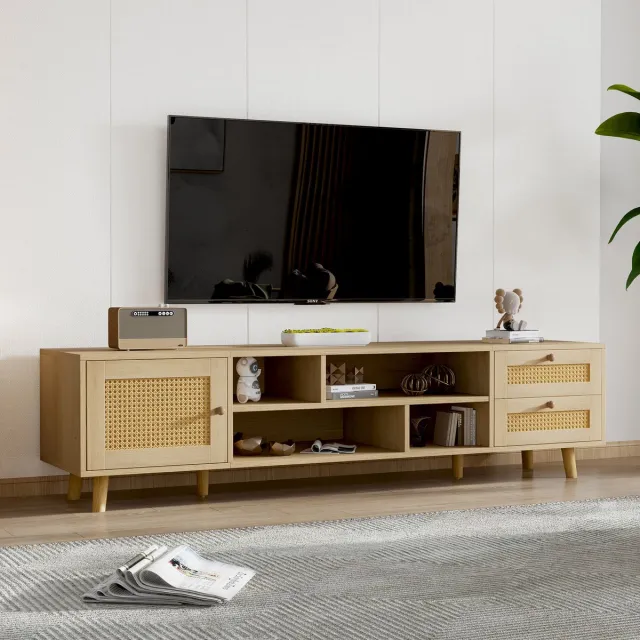 Wishdor Tv-Meubel - Voor 70-Inch Televisie - Kabeldoorvoer - 2 Lades En 1 Deur - Spaanplaat En Rotan - Eik - 160 X 39 X 40,5 Cm