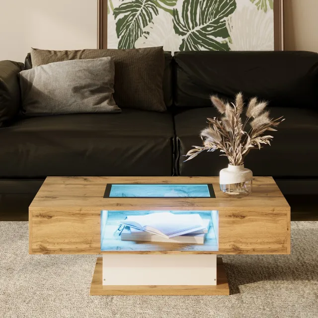 MODFU Salontafel Glas met LED-verlichting, Kleurveranderend, Twee Lades, Modern Beistelltisch Natuurlijk