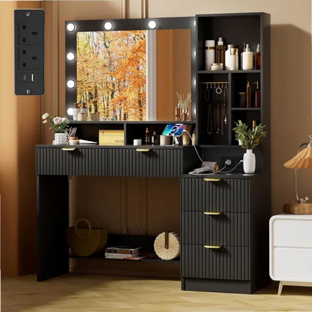 Sierra , Kaptafel met spiegel en verlichting, kaptafel met laden, make-up ijdelheid met open planken, sieradenhaken en stopcontact voor slaapkamer, modern (zwart)