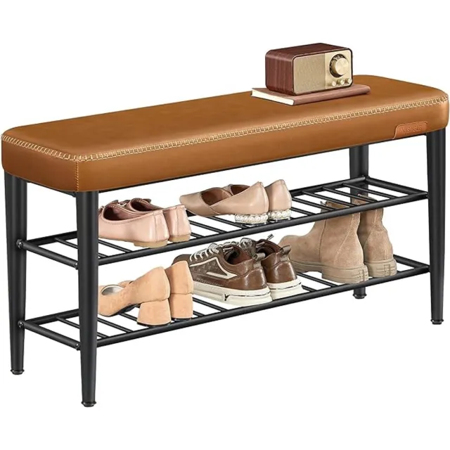 FurnStar Schoenenbank – Zitkist en Zitbank – Entreebank met Opbergruimte – Kunstleer met Stiksels – Jaren ’60 Moderne Stijl – Tot 135 kg – 30 x 100 x 50 cm – Bruin