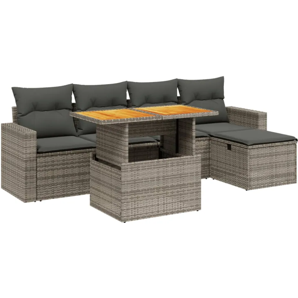 vidaXL 6-delige Loungeset met kussens poly rattan grijs, foto 3