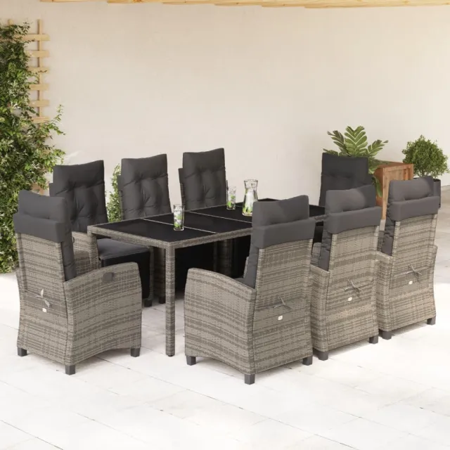vidaXL 9-delige Tuinset met kussens poly rattan grijs