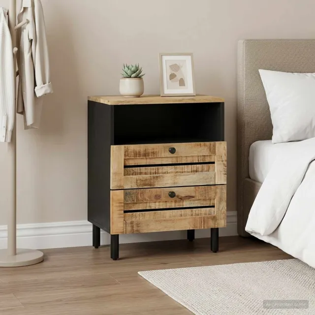 vidaXL Nachtkastje Bruin en zwart 50 x 33 x 60 cm Massief Mango Hout, foto 2