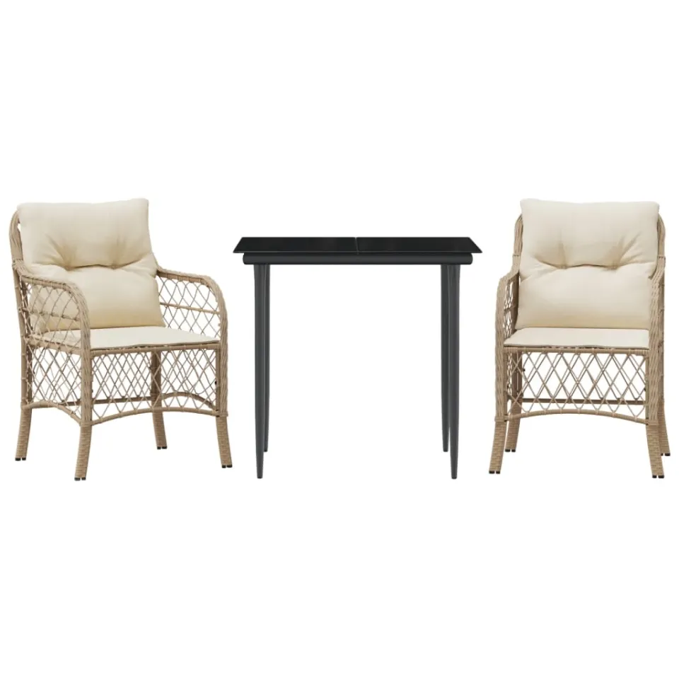 vidaXL 3-delige Bistroset met kussens poly rattan beige, foto 3