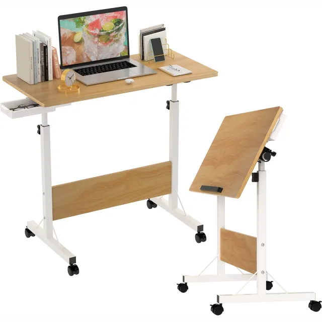 PIPIPOXER Opvouwbare Laptoptafel met wielen, computertafel, bijzettafel, bureau, mobiele statafel, bedtafel, in hoogte verstelbaar, 80x40x64-89cm, houtkleur