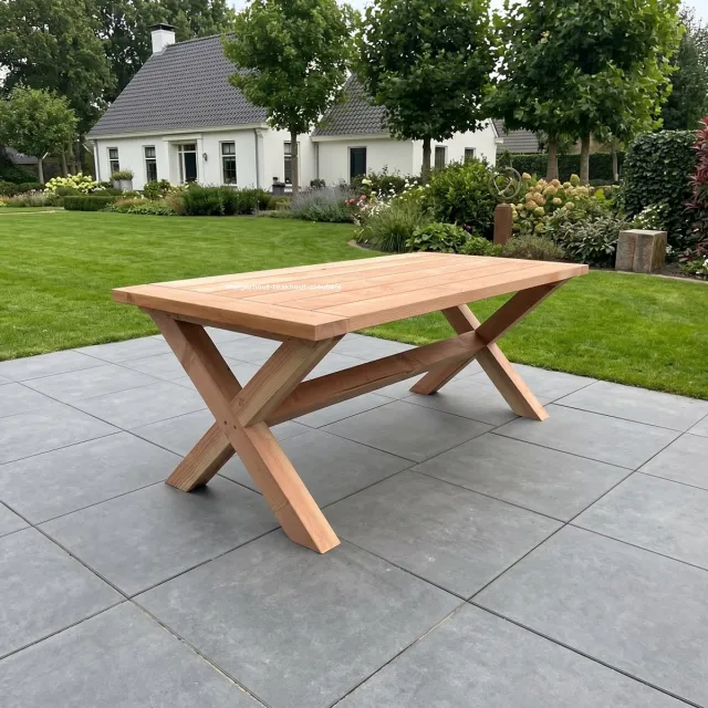 douglashout tafel Luxe - douglas tuintafel - 210x90 - kruispoot - zonder bankjes - met montage Bruin