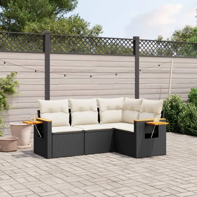 vidaXL 4-delige Loungeset met kussens poly rattan zwart, foto 2
