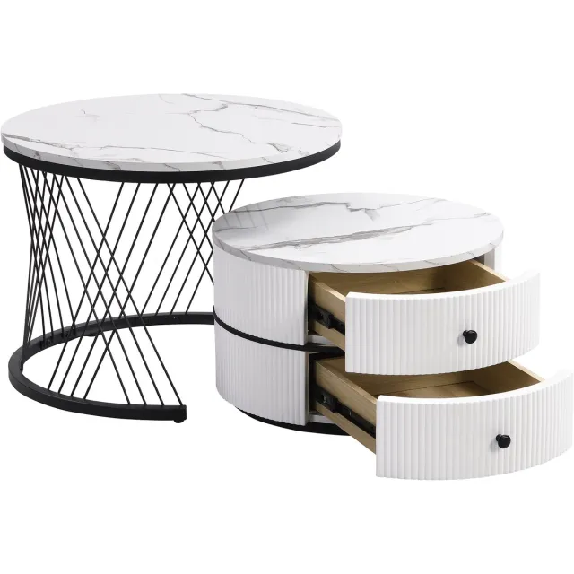 MODFU Salontafel 60x60x46 & 50x50x31 cm – Set van 2 met marmerprint – Hoogglans ronde tafels – 2 lades voor opbergruimte – Nestbaar & ruimtebesparend – Wit