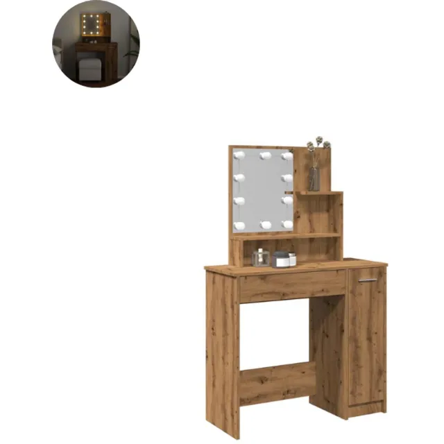GranMaison Kaptafel met spiegel - Make up tafel - Make up - Toilettafel - Met lades - Met LED-Verlichting - Artisanaal Eiken