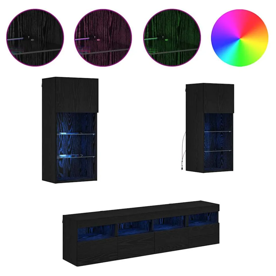 vidaXL TV Wand Eenheden met LED 5 st Zwart Eiken Bewerkt hout, foto 4