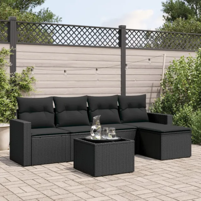 vidaXL 6-delige Loungeset met kussens poly rattan zwart, foto 2