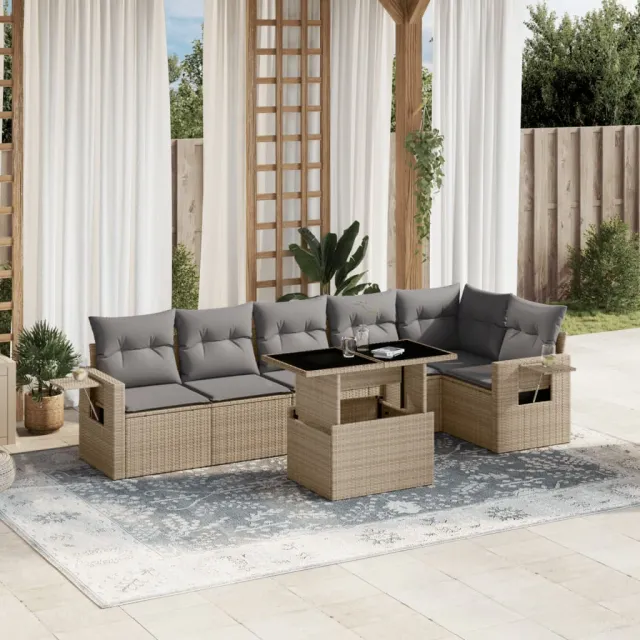 vidaXL 7-delige Loungeset met kussens poly rattan beige, foto 2