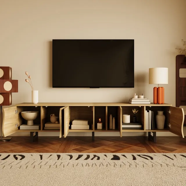 COVREO TV-meubel 191 x 38 x 46,5 cm - 5-deurs kast met open vakken, naturel