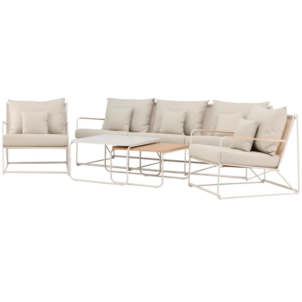 Nest outdoor Paolo 4 delige tuin loungeset beige - driezitsbank, twee fauteuils en twee salontafels - met beige zitkussens, foto 3