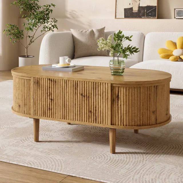 DESMIU Salontafel Ovaal Met Hoogteverstelbaar Blad En Opbergruimte - MDF En Massief Dennenhout - Eikenkleur - 100x48x54,5 Cm Oak