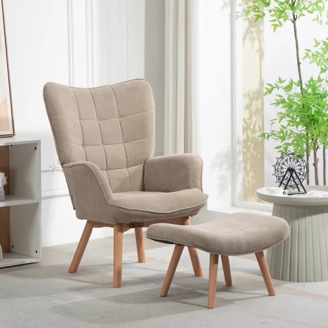 HAUSS SPOLE Fauteuil met Hocker - Oorfauteuil met Zachte Bekleding en Houten Poten - voor Woonkamer en Leeshoek - Polyester - Khaki