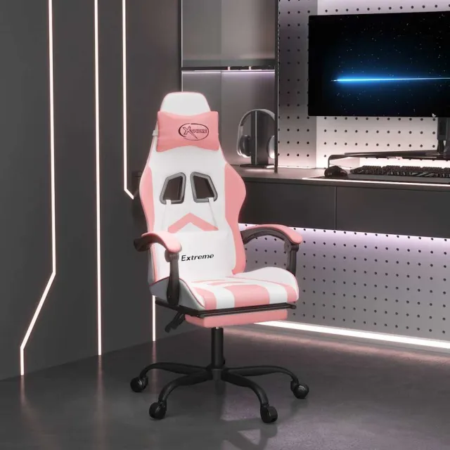 vidaXL Gamestoel draaibaar met voetensteun kunstleer wit en roze