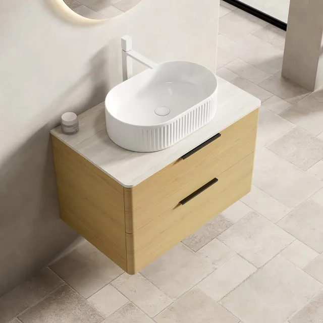 MODFU Hangend Badkamermeubel - 2 Lades - Keramische Wastafel - Beige - 75 Cm