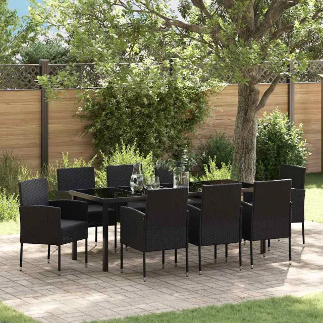 vidaXL Tuin eettafelset 9 st Zwart poly rattan