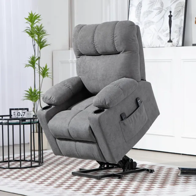 Wishdor Elektrische relaxfauteuil met sta-op functie - Massage en warmte - Verstelbare rugleuning tot 135° - Grijze stoffen uitvoering - 91 cm breed Grijs