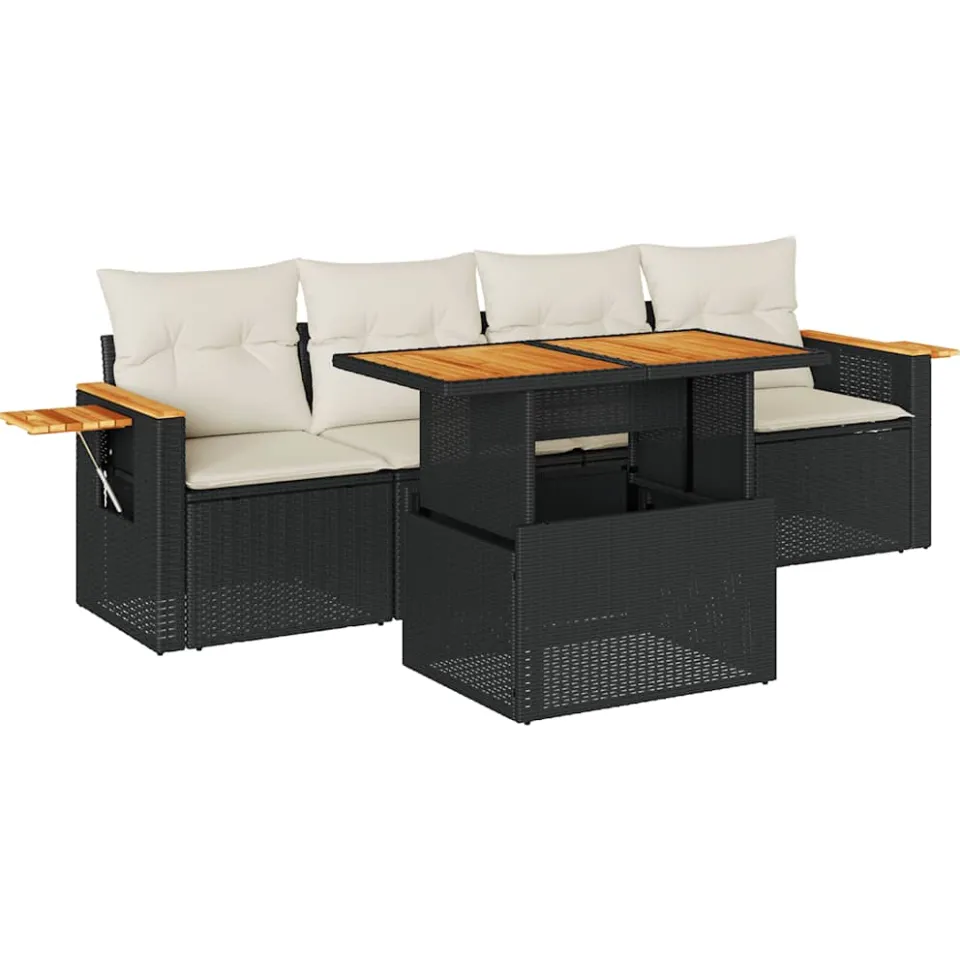 vidaXL 5-delige Loungeset met kussens poly rattan acacia zwart, foto 3