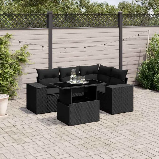 vidaXL 5-delige Loungeset met kussens poly rattan zwart, foto 2