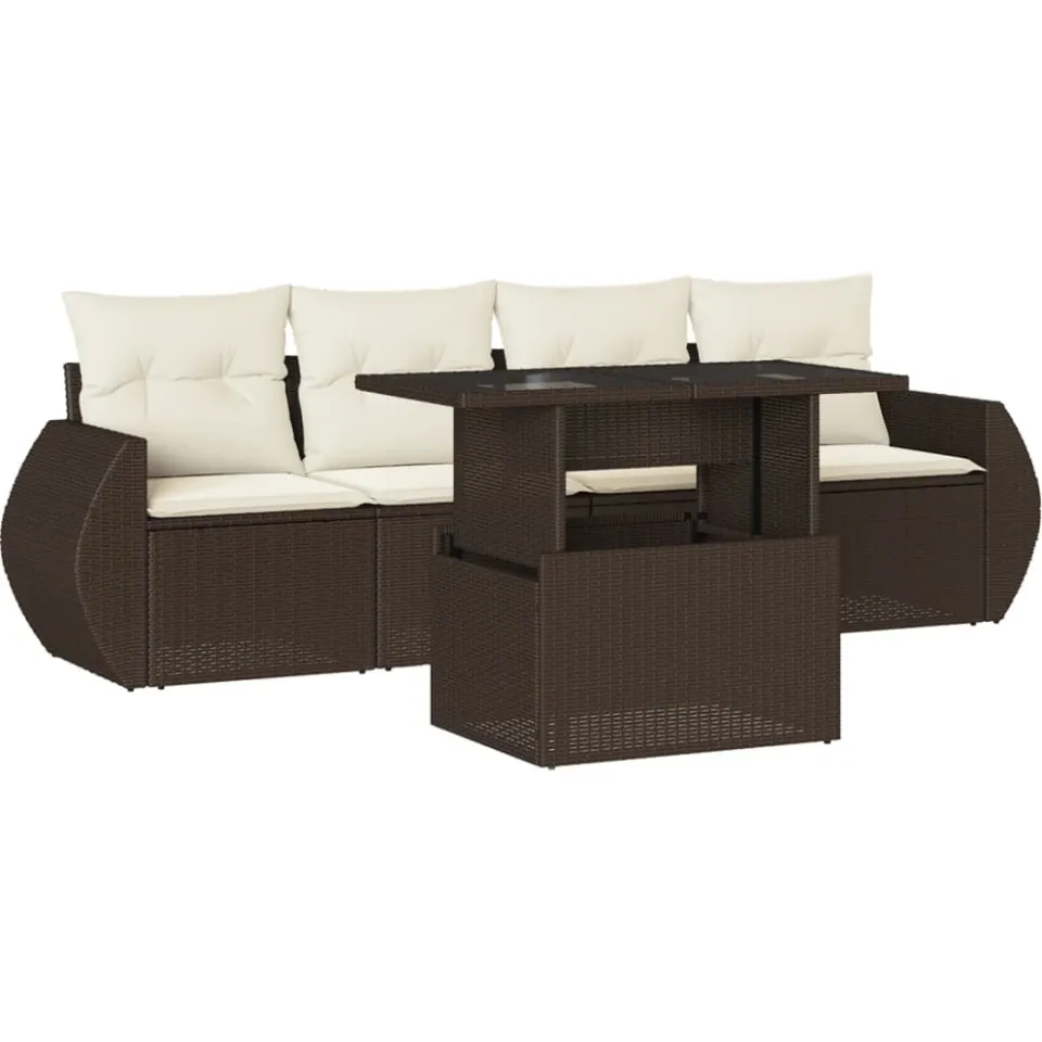 vidaXL 5-delige Loungeset met kussens poly rattan bruin, foto 3