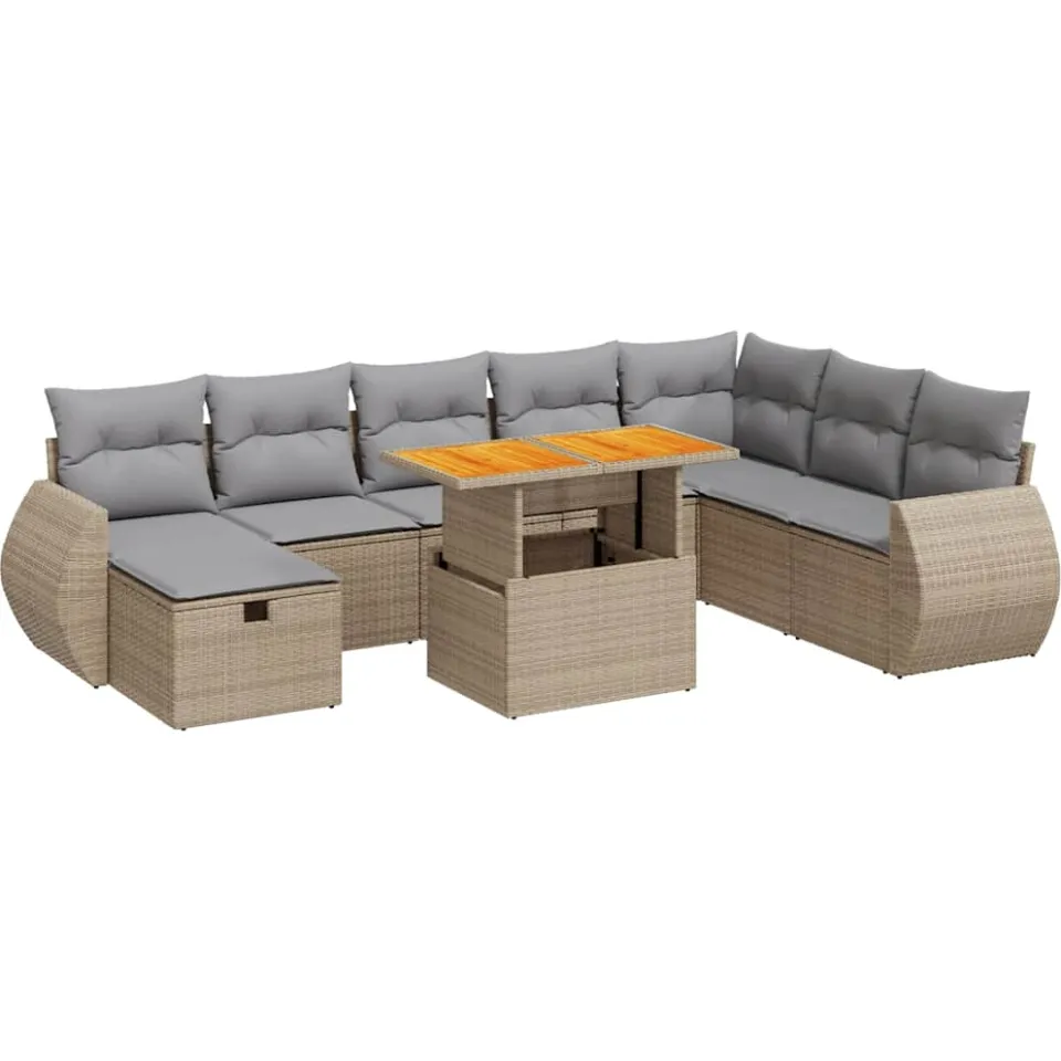 vidaXL 9-delige Loungeset met kussens poly rattan acacia beige, foto 3