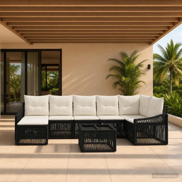 vidaXL Tuinbankenset 8 st 7-zits Zwart poly rattan, foto 2
