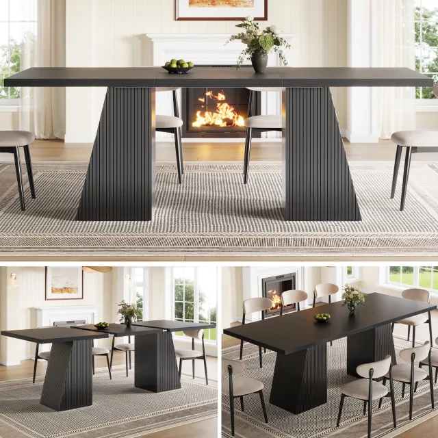 Merax Uitschuifbare eettafel - rechthoekige keukentafel met trapezevormige tafelpoten en groefpatroon - antislipvoetjes - zwart