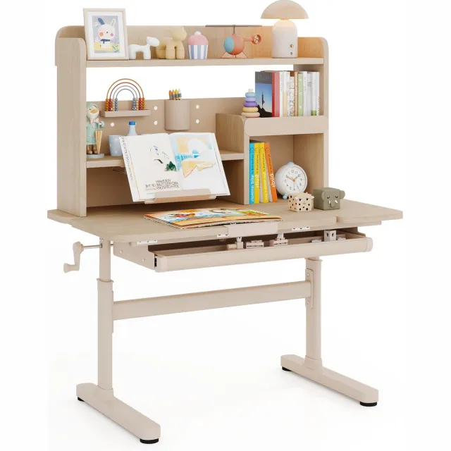 KOMFOTTEU Kindertafel Bureau - In Hoogte Verstelbaar 52-74 cm - Kantelbaar Tafelblad - Kindertafel met Plank, Lade en Boekenstandaard - Schoolbureau voor Kinderen Vanaf 3 Jaar natuur