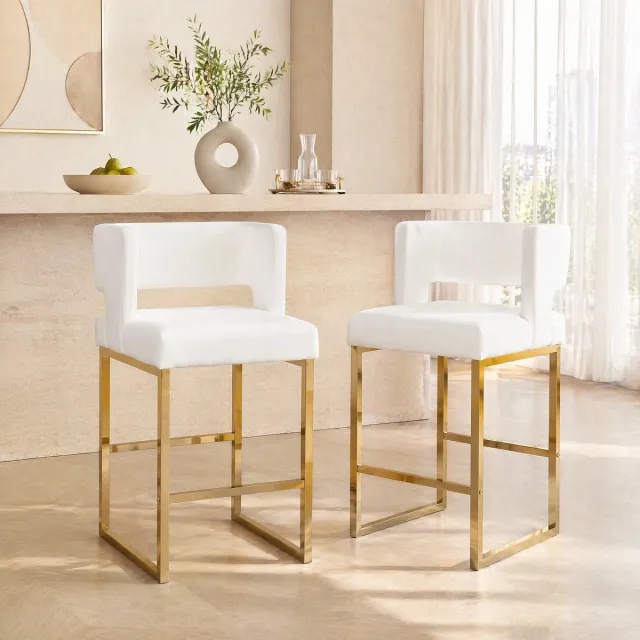 MEUNIQ set van 2 barkrukken met rugleuning, gepolsterde zitting van kunstleer, barhoogte 91,4 cm, wit en goud, voor keukenbar en woonkamer