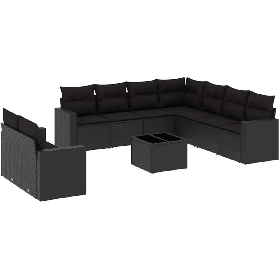 vidaXL 10-delige Loungeset met kussens poly rattan zwart