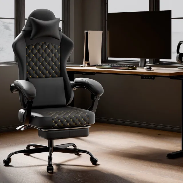 DESMIU Gamingstoel - Ergonomisch Massagefunctie Voetsteun Verstelbare Rug - Kunstleer - Kantoor Gamen - 63 cm - Zwart