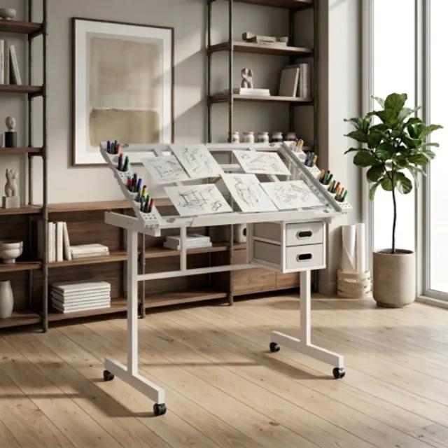 VVBV Verstelbare Tekentafel 103x60x78 cm – Tekentafel met Werkblad met Lades en Verstelbaar – Krasbestendig – Wit