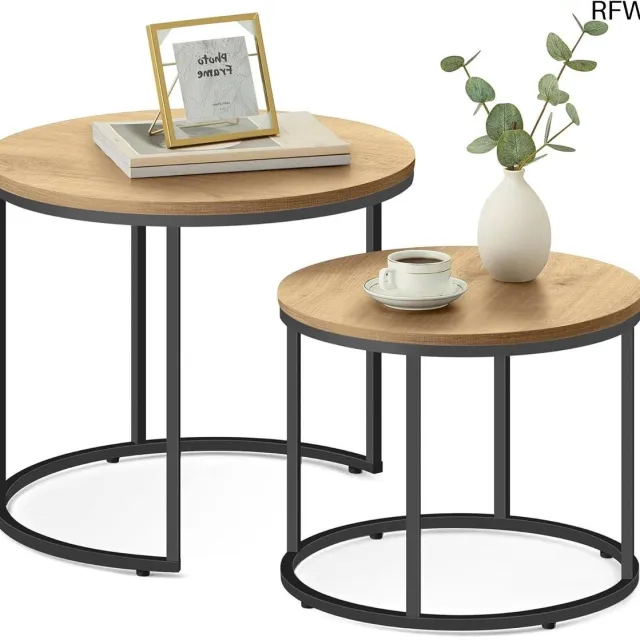 RFWR Set van 2 ronde salontafels met krasbestendig oppervlak - Loft-design bijzettafels voor de woonkamer eikenzwart