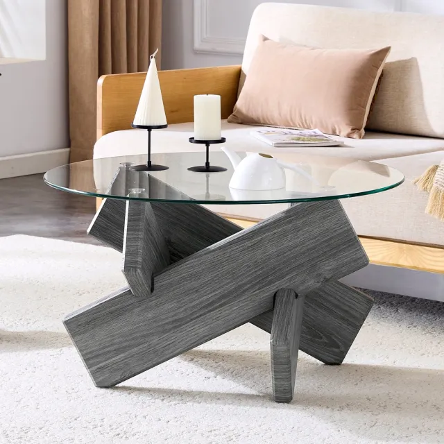 MEUNIQ Ronde salontafel Ø79 cm met 0,8 cm gehard glazen blad en grijs MDF-kruisonderstel, 45 cm hoog voor woonkamer en leeshoek
